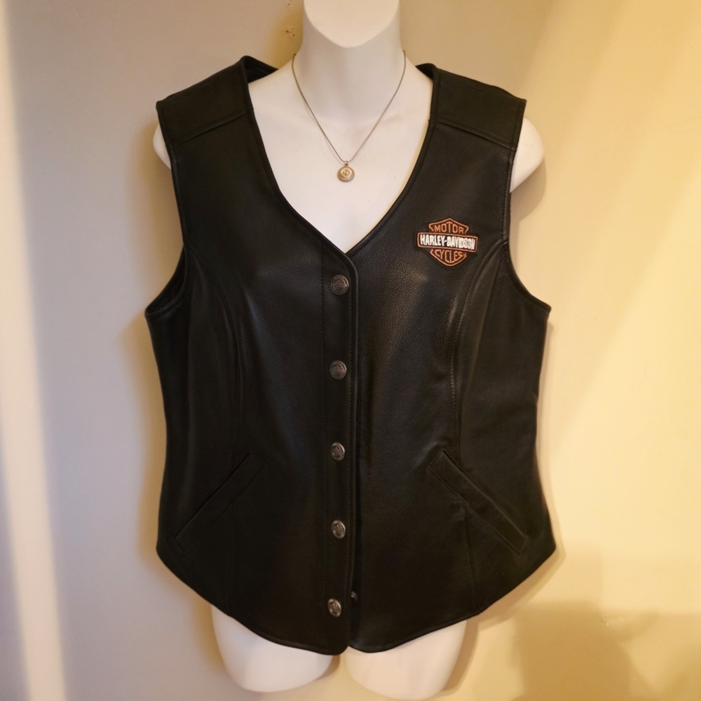 Harley-Davidson Women's Black Leather Snap-Front Vest - Picture 2 of 4